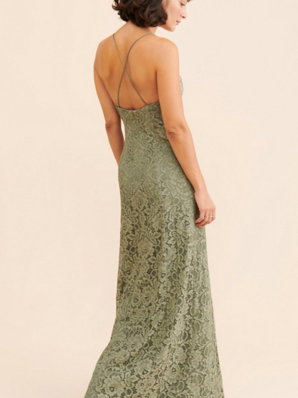 BHLDN Emma Sweetheart Lace Gown Olive Lace Maxi with Spaghetti Straps - Picture 2 of 13